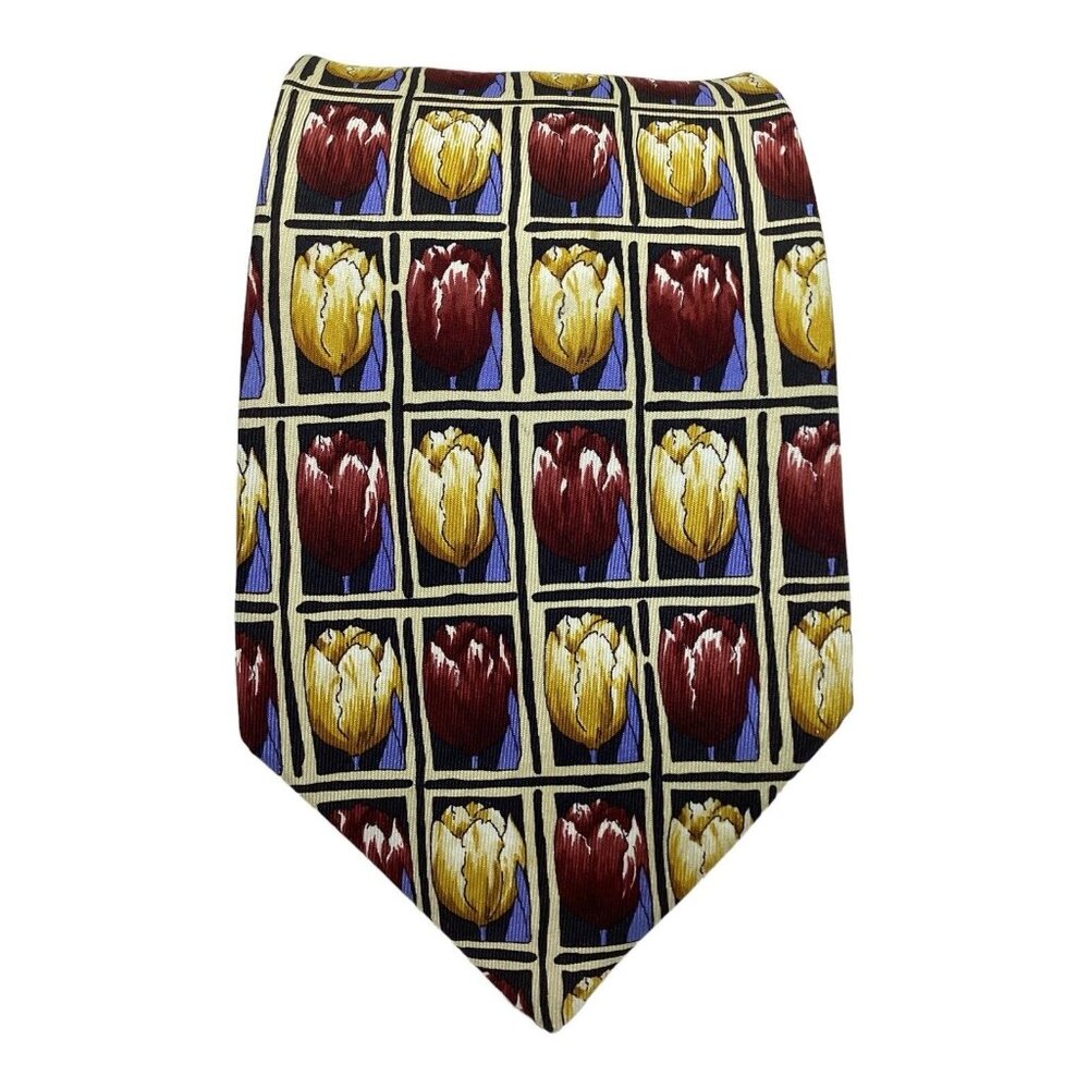 DORMEUIL Yellow Burgundy Floral Silk Tie HandMade Italy 59"/ 3.9" EC